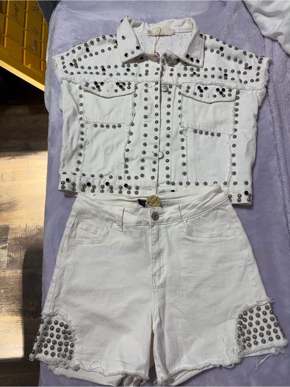 Studded White Denim Jacket & Shorts Set